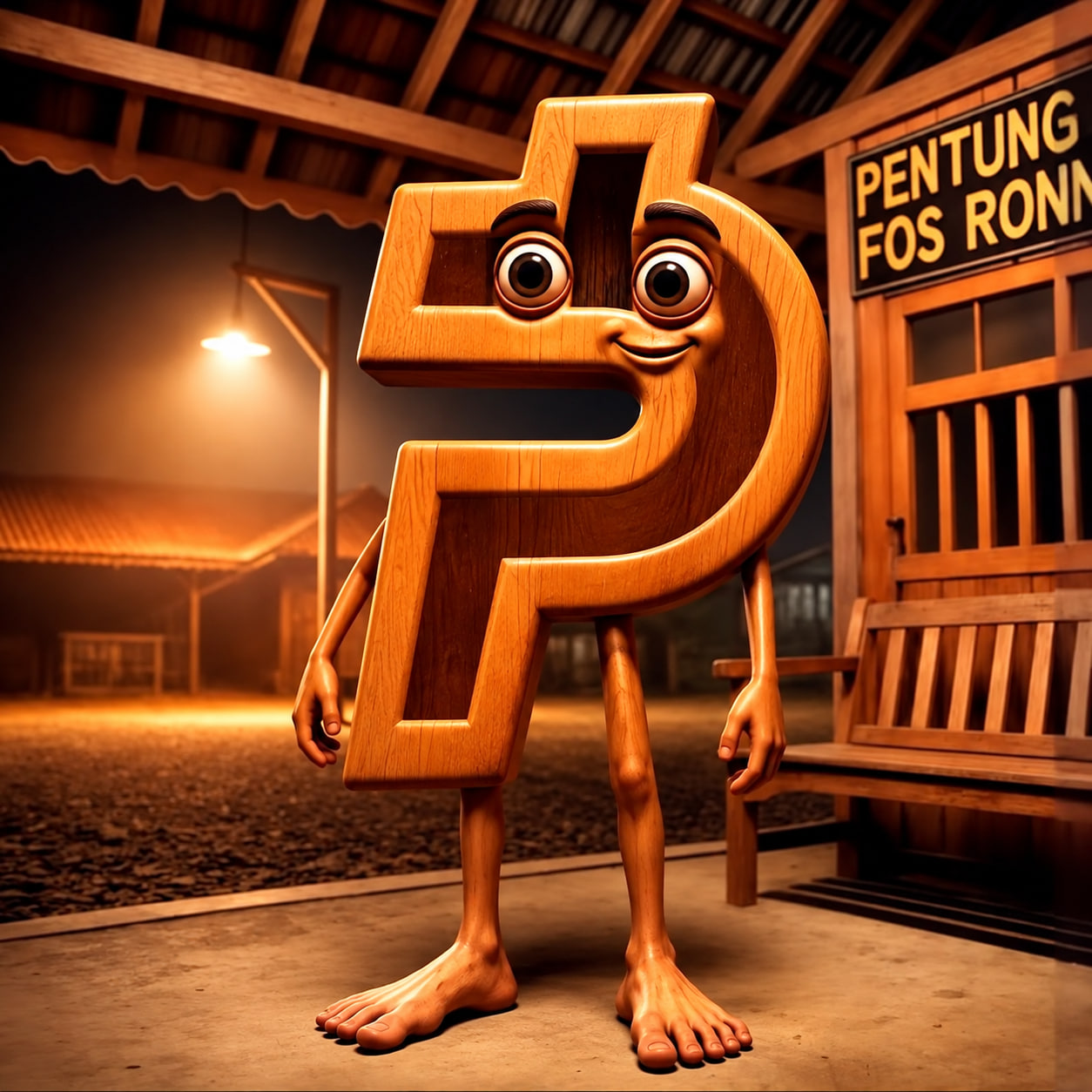 TripleP, a smiling wooden payment glyph standing at a warmly lit station at night
